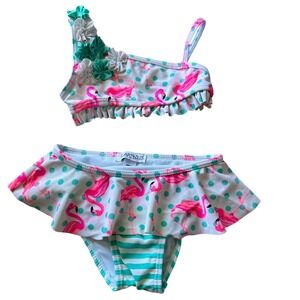 Flapoodles Toddler Girls Flamingo Polka Dot 2PC Swimsuit One Shoulder 18M
